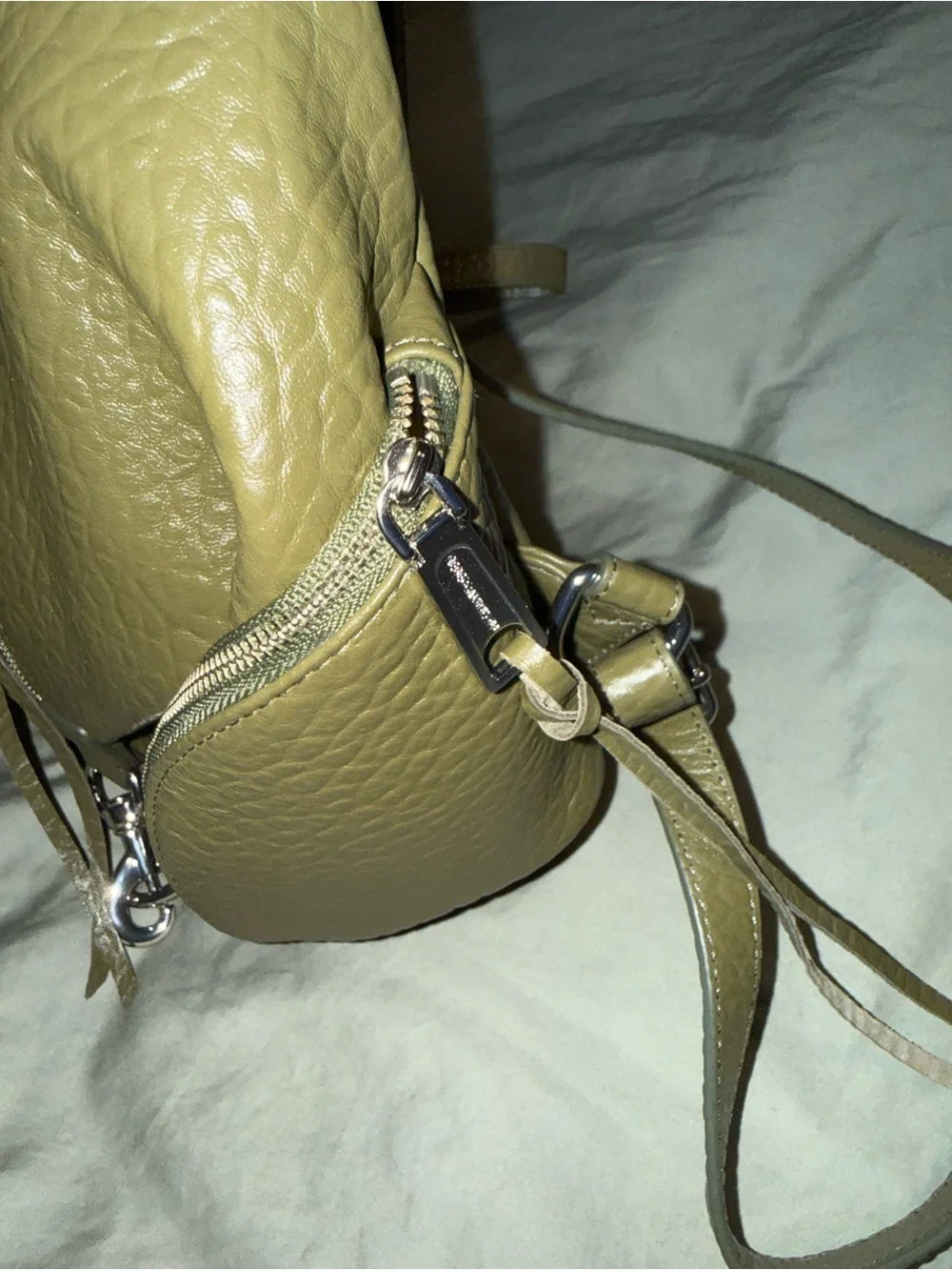 rebecca minkoff mini olive green julian pebbled leather backpack